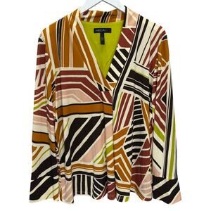 Marc Cain Womens Long Sleeve Blouse Size N7 (XL) Geometric Stripe Orange Brown